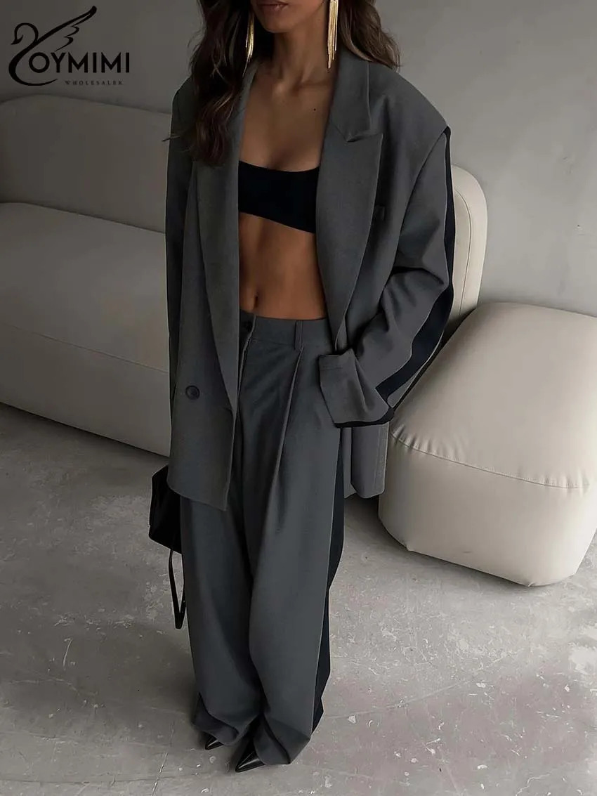 Oymimi Elegant Grey Patchwork 2 Piece Set Outfit Fashion Long Sleeve Button Blazers And Straight Simple Trousers Sets 241203