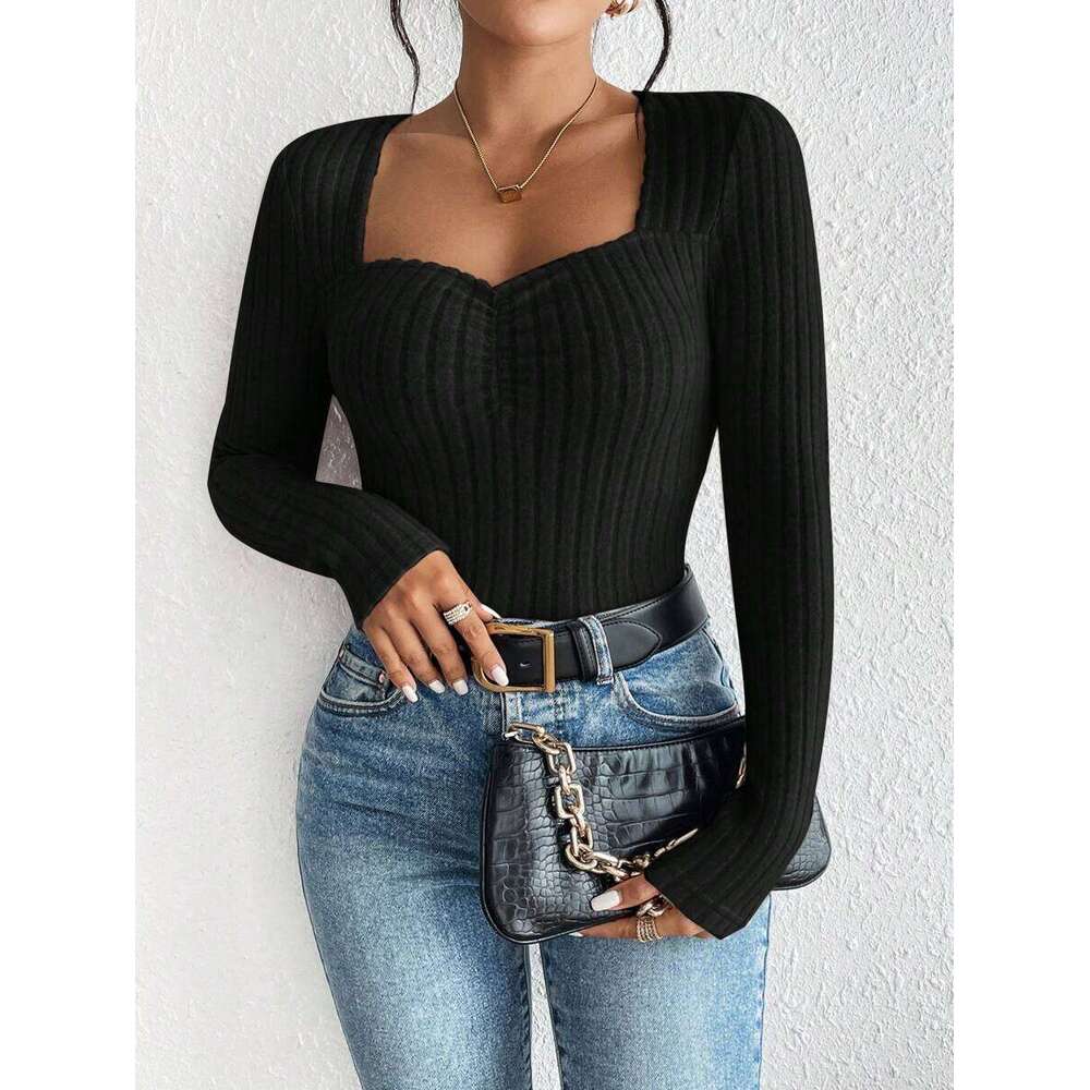 Women's 2023 Autumn/Winter New Front Fold Slim Knitted Base T-shirt