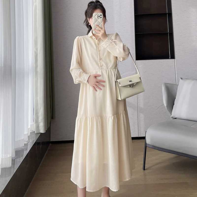2024 Autumn Materni Brief Dress Solid Color Long Sleeve Turn-down Collar Plus Size Pregnant Woman Elegant Chiffon Dress BeigeXJ241213