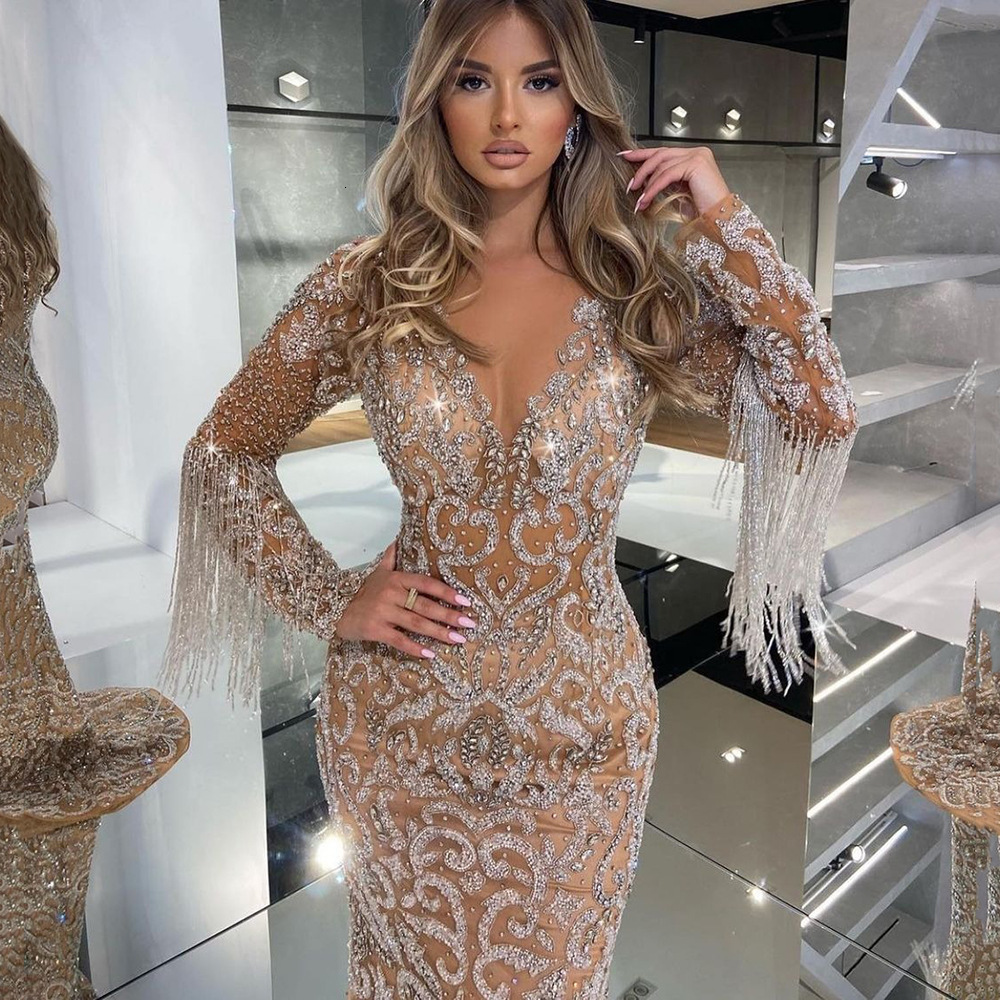Spring New Womens Evening Dress Womens Fish Tail Sprinkled Gold Tassels Elegant Long Dress