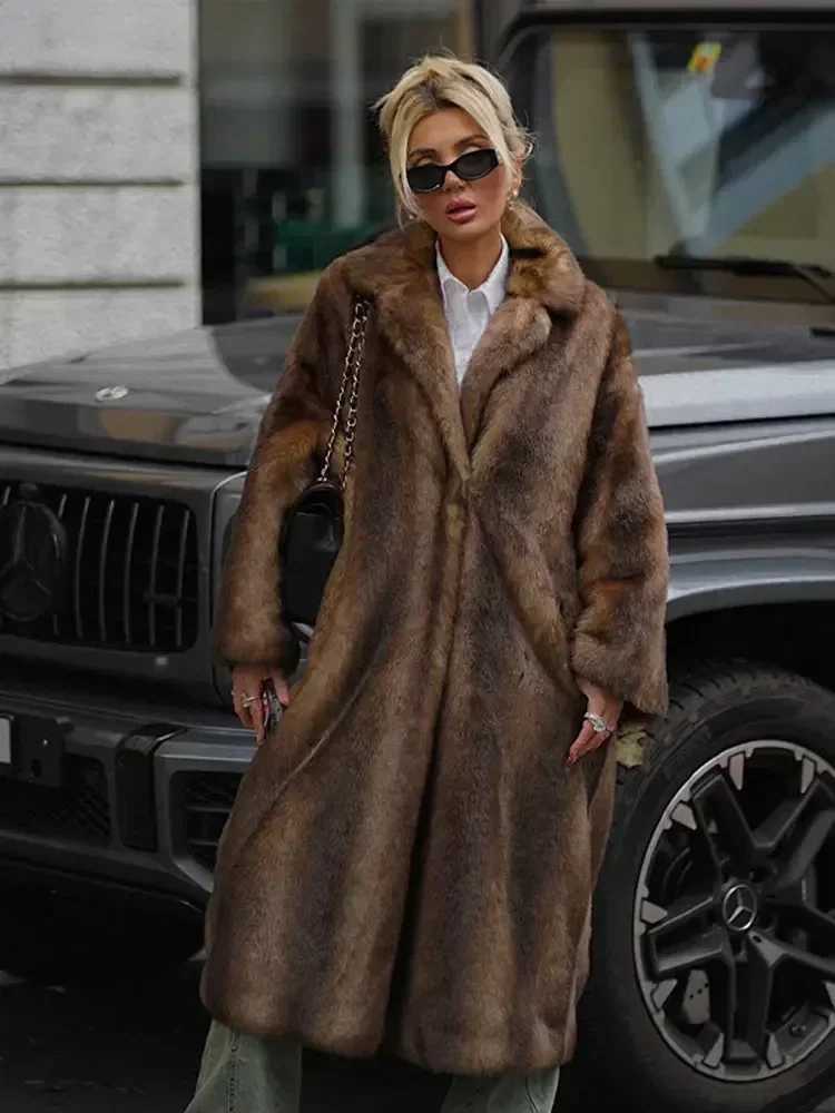 Womens Retro Luxury Long Faux Fur Coat Fashion Collar Long Sleeve Single Chest Jacket Winter Womens Fashion Strt Warm Top X241214