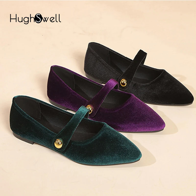 Elegant Velvet Ballet Flats Woman Velour Mary Jane Shoes Ladies Pointed Toe Buckle Strap Loafers In Purple Green 241213