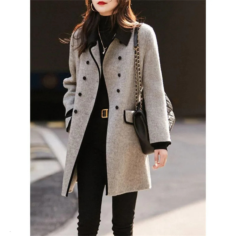 High Quality Woolen Coat Female Autumn Winter Fashion Korean Slim Casual Versatile Style Contrast Color Wool Overcoat Women 241214