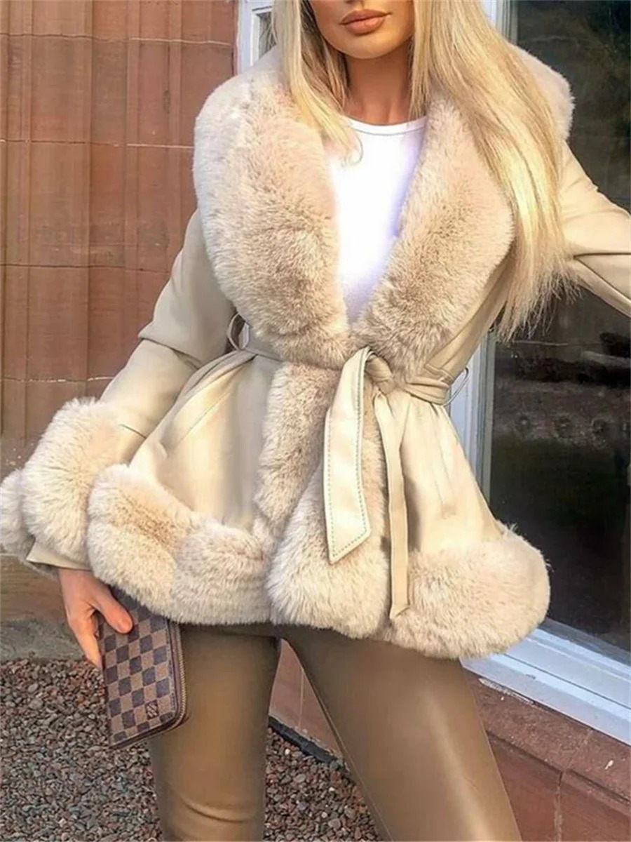 WSEVYPO fur decorative patch work PU leather jacket womens fashion contrasting color plush collar warm cardigan with warm coat 241210