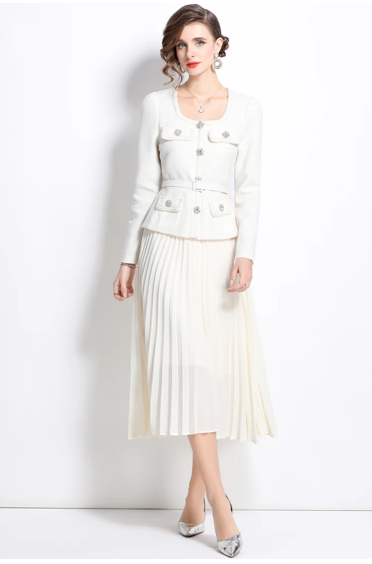 Runway Women Dresses Quality Autumn Crystal Long Sleeve Chiffon Tweed Midi Dress For Women Beading Diamonds Pleated Party Vestidos Belt Evening Robe 2