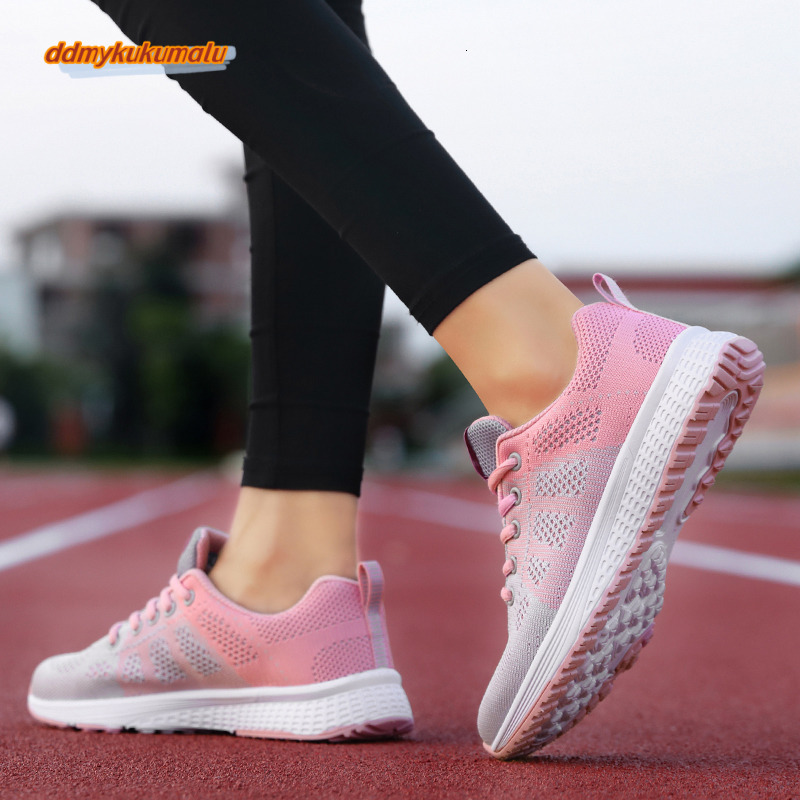 Casual Breathable Walking Mesh Lace Up Flat Shoes Sneakers Women Tenis Feminino Pink Black White #30 ddmykukumalu