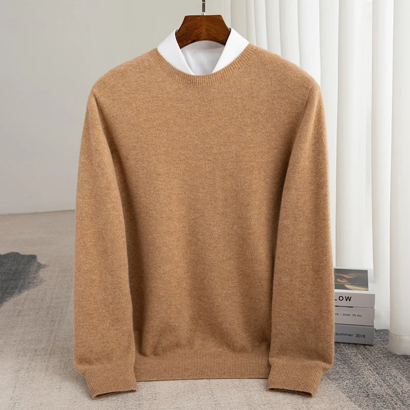 Autumn And Winter 100% Pure Wool Mens Thick Round Neck SlimFit Oneck Pullover LongSleeved Knitted Cashmere Sweater 241213