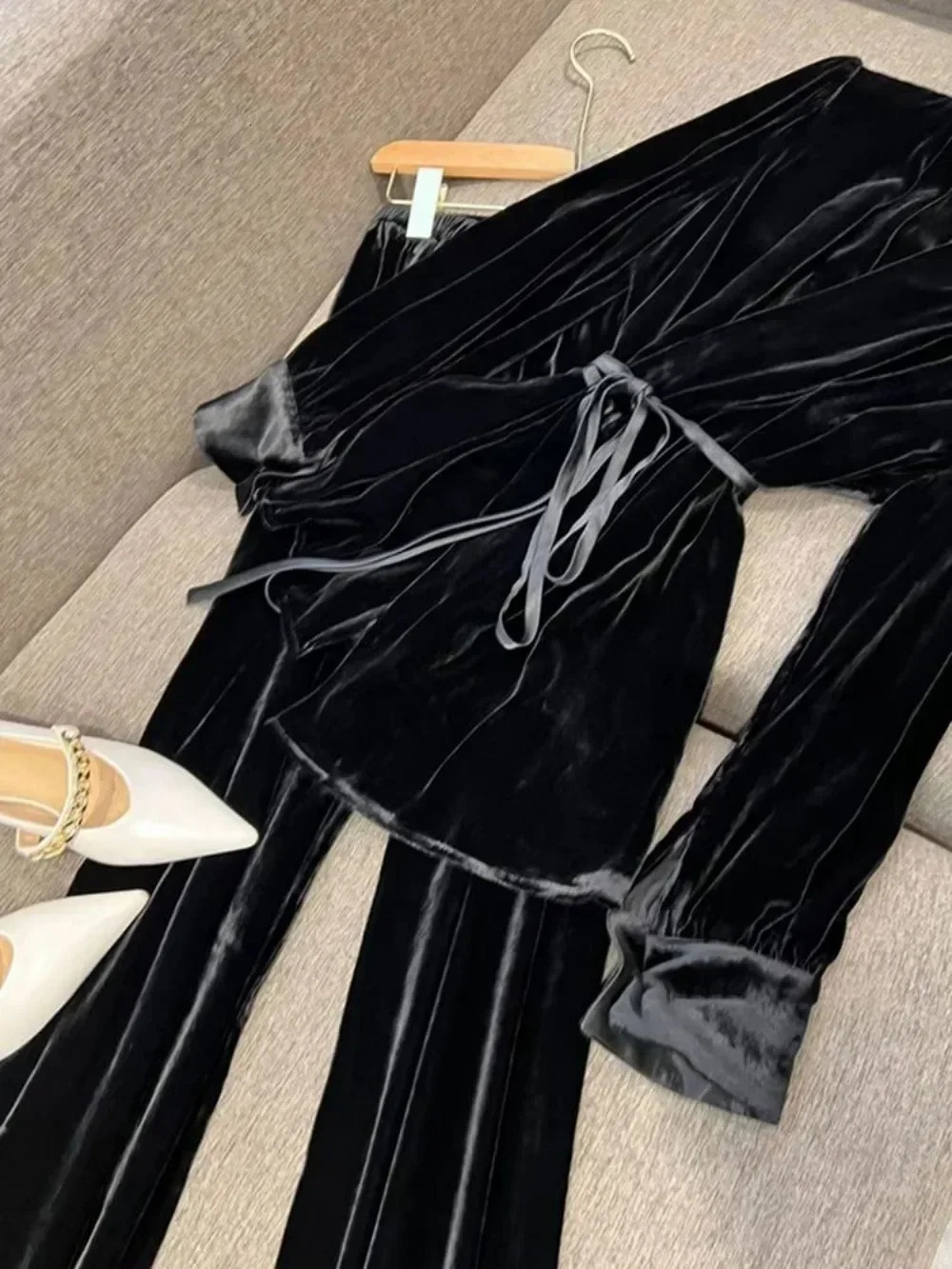 Neploe Elegant V Neck Lace Up Hong Kong Style Tops Velvet Advanced Office Small Fragrance Wid Leg Pants Exquisite Suits Trousers 241203