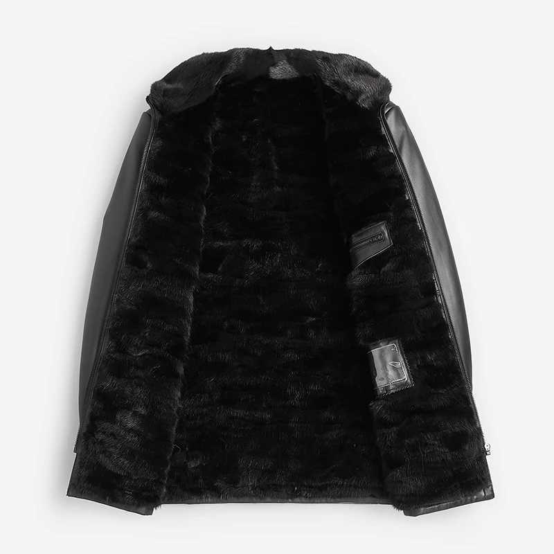 Real mink mens winter warm black high-quality medium to long leather jacket fashionable fur coat W241213
