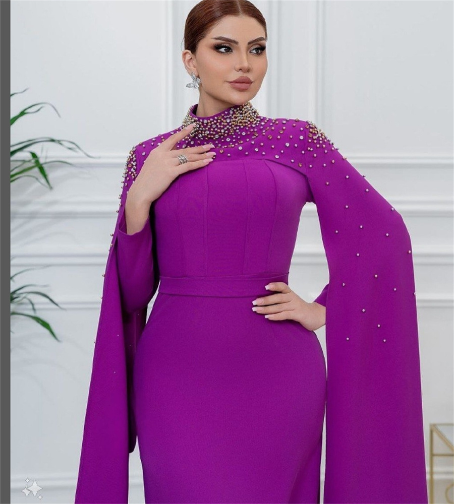 Vintage Purple Dubai Evening Dress With Beaded Cape Sleeves Arabic Muslim Prom Dress High Neck Mermaid Formal Gown Elegant Ceremony Vestio De Gala 202