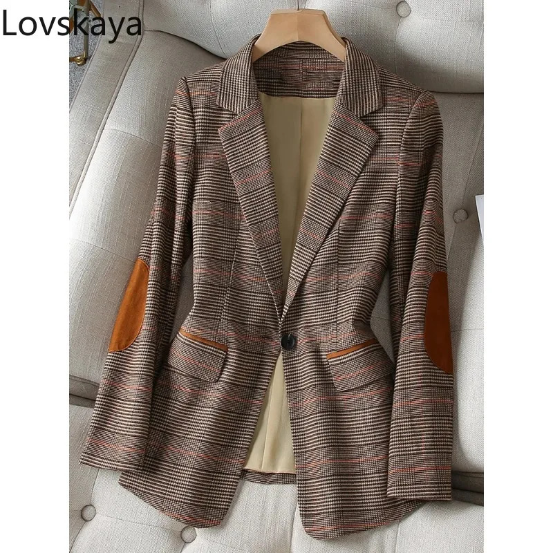 Long Sleeve Single Button Slim Jacket Coat For Autumn Winter Ladies Casual Coffee Plaid Blazer Women 241209