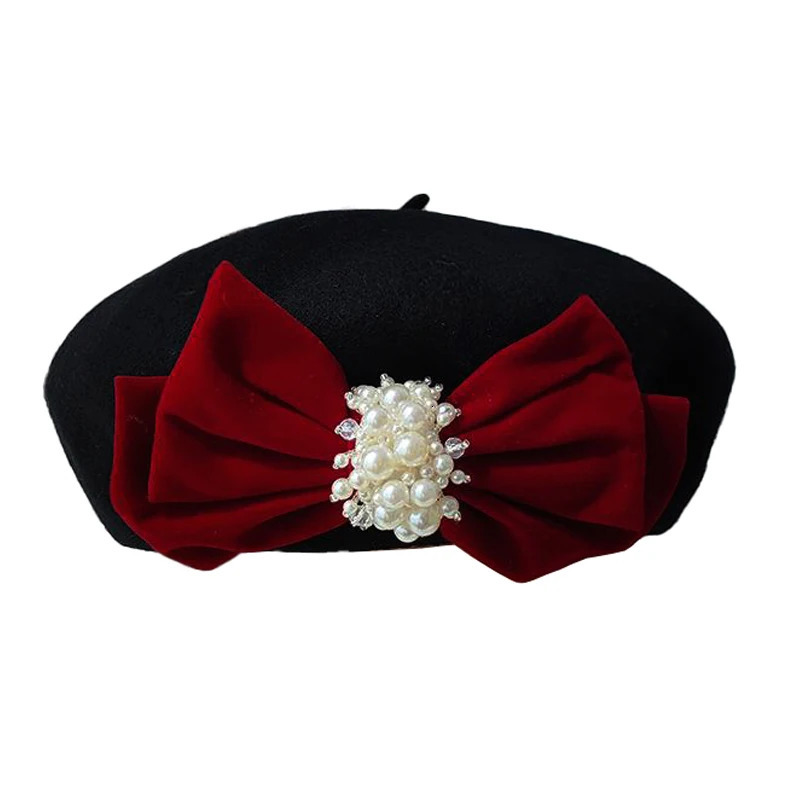 Womens autumn and winter black wool lacquered hat large velvet bow elegant pea fashion sweet artist beret 241210