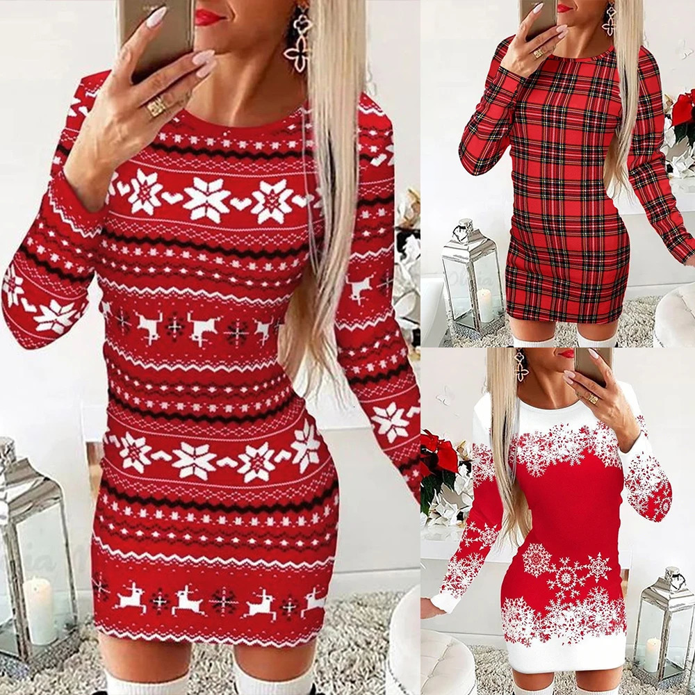 Christmas Knitted Mini Dress Printed Long Sleeve Pullover Party Gowns Clubwear 241212