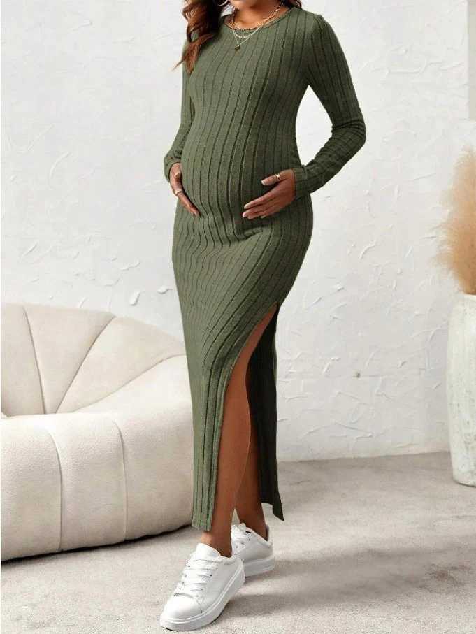Womens Dresses Pregnancy Dresses Materni Clothes Long Sleeve Materni Dress Photoshoot Large Slit Rib Knit Clothing WomenXJ241213