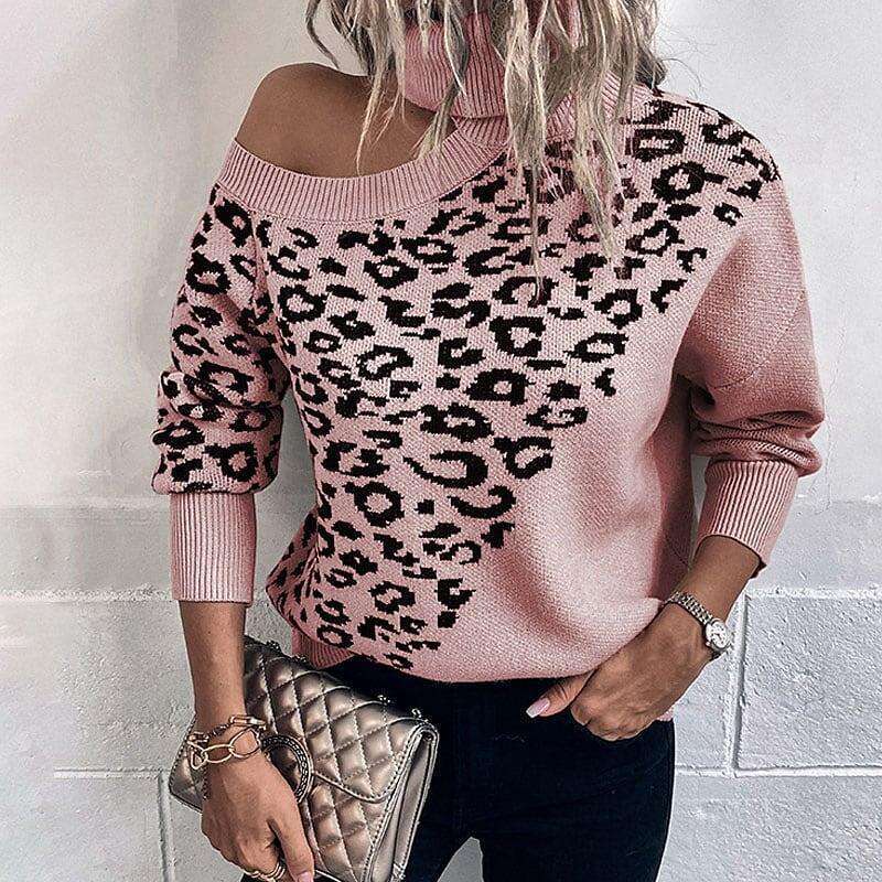 2024 European American fashion autumn and winter leopard print long sleeved women's foreign trade off shoulder knitted sweater
