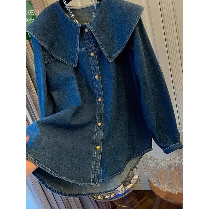 Retro doll collar denim jacket Roupas streetwear loose top Y2k 241211