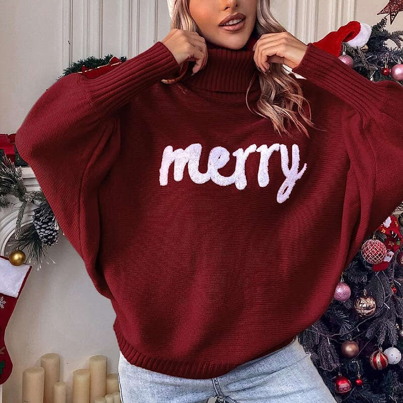 Processing custom European and American foreign trade women's Christmas sweaters, fashionable loose fitting high neck knitted sweaters for women