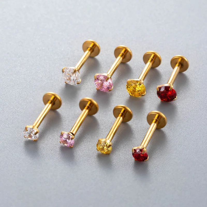 10PCS ASTM F136 G23 Labret Piercing Ear Stud Colored Zircon Push In Threadless Lip Stud Cartilage 16G Jewelry Wholesale 241214