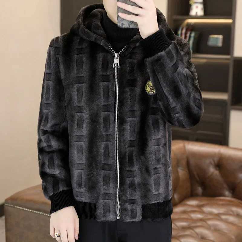 Luxury retro winter hooded faux fur mink jacket for men warm and casual business simulation fur coat office social mens clothing W241213