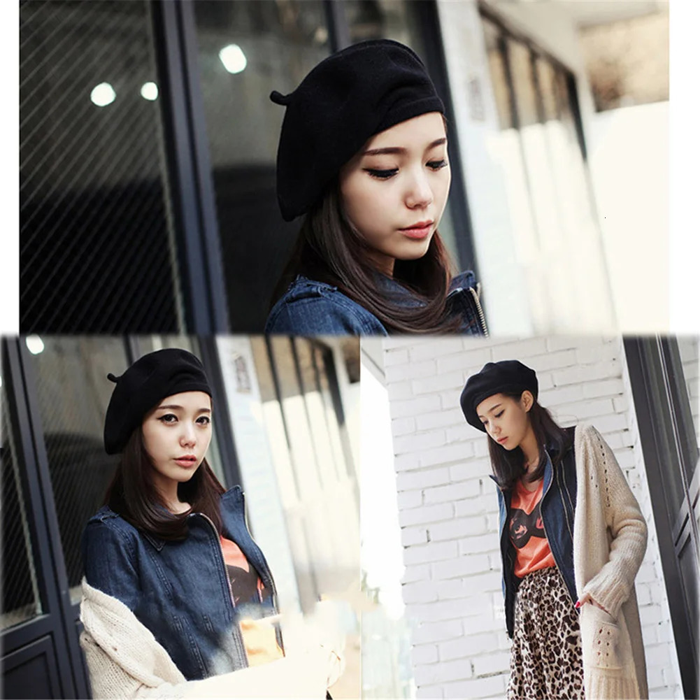 Vintage Winter Warm Wool Plain weave Womens Beret Artist Fashionable Casual Solid Black Bini Hat Boinas para mujer 241210