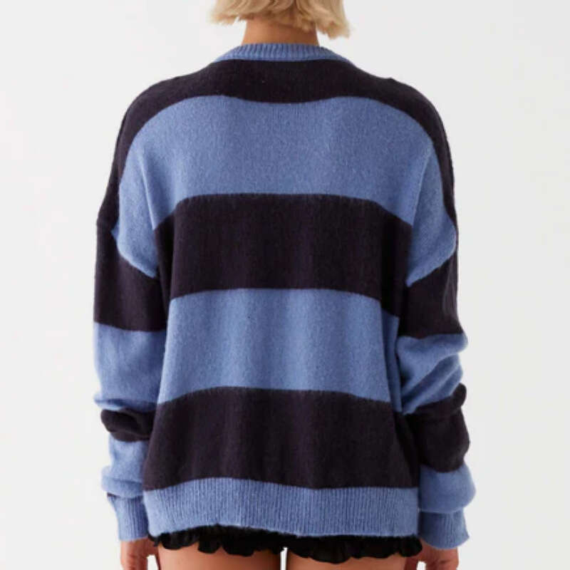 2024 new European and American knitted top round neck striped contrasting loose lazy pullover sweater for women