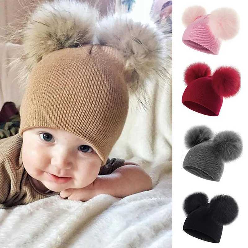 Double Pompom Baby Hat Solid Color Knitted Cap for Boy Girl Autumn Winter Toddler Kids Beanie Outdoor Windproof Warm Accessories W241213