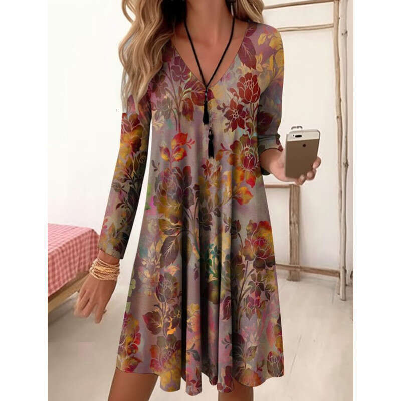 European American autumn and winter V-neck high waisted retro gradient color printed nine quarter sleeve loose dress 2024 temperament versatile new tr