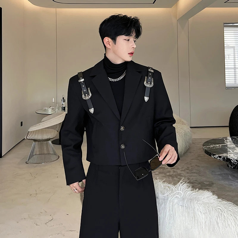 IEFB Elgance Mens Suit Coat Metal Buckle Leather Strap Niche n Short Korean Style Blazers Fashion Autumn Tops 9C2135 241211