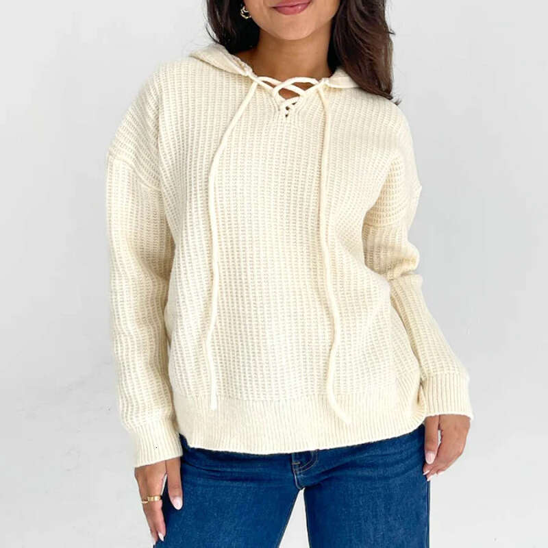 European American autumn and winter new knitwear women's pullover tie long sleeved hooded sweater top for women