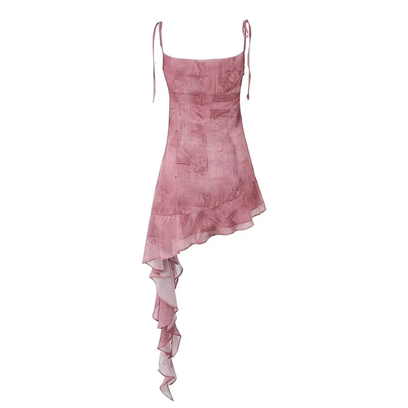 Willshela Women Fashion Printed Ruffled Lace Up Side Zipper Mini Dress Vintage Thin Straps Asymmetrical Female Chic Lady Dresses 241213