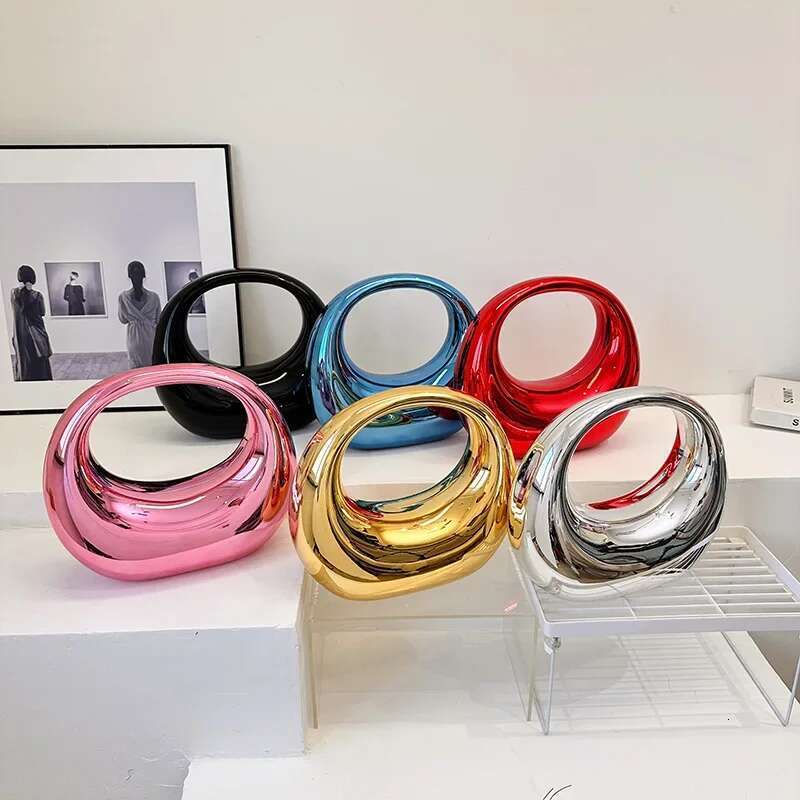 New Golden Evening for Women PVC Wrist Bag Dinner Party Wedding Round Handle Clutch Purse 2024 Designer Handbag