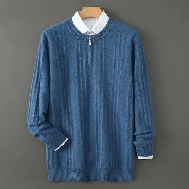 Pure mink cashmere sweater mens knitted pullover long sleeve Autumnwinter coat half zip wide striped crew neck top 241209