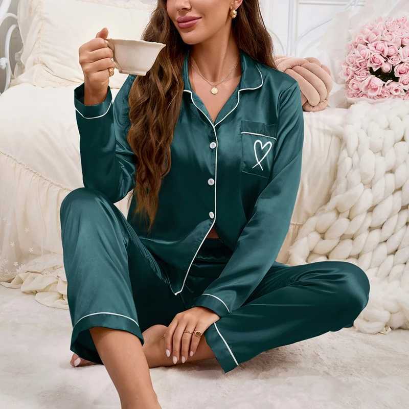 Womens Satin Pajama Set Pocket Heart-shaped Embroidery Long Sleeve Buttons Lapel Tops Elastic Pants Loungewear Pyjama FemaleC241213