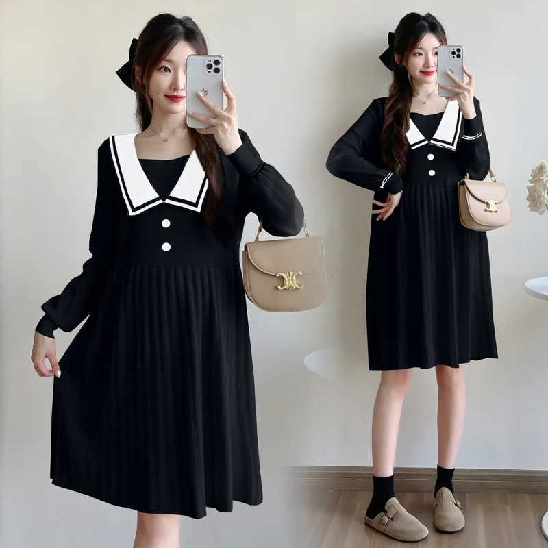 Fashion Materni Dress Autumn Winter Sailor Collar Clothes for Pregnant Women Elegance Pregnancy Loose Slimming Knitting DressXJ241213