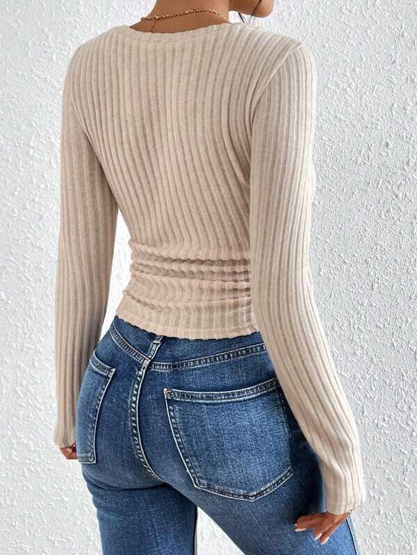 2023 European and American Autumn Fashion Versatile Solid Color V-neck Side Folded Long Sleeve Pit Strip Matte T-shirt for Women
