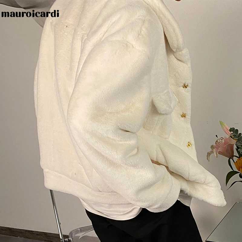 Mauroicardi Winter White Short Soft Warm Faux Fur Coat Long Sleeve Plus Size Designer Men Streetwear Clothing Fluffy Jacket 202 W241213