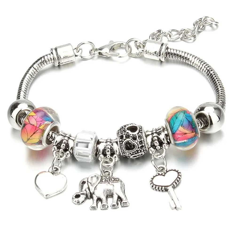 Antique Original Elephant Key Lock She 6 Colors Charm Bracelets for Women Glass Beads Bracelet Bangle DIY Jewelry GiftsXJ241214