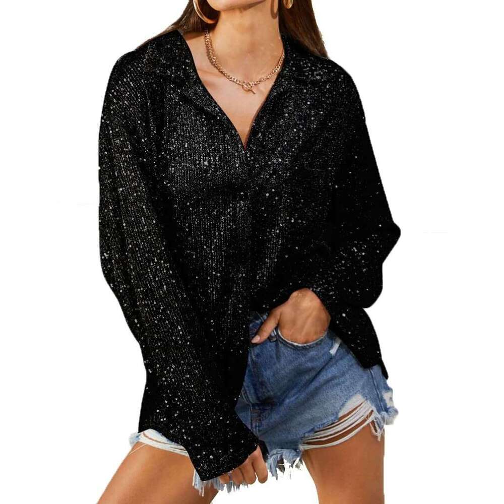 Autumn European And American Women's Clothing New Fashion Sequined Long Sleeved Lapel Casual Shirt With Temperament