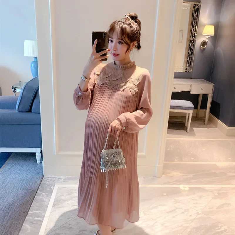 9310# Autumn Korean Fashion Pleated Chiffon Materni Long Dress Loose Straight Clothes for Pregnant Women Pregnancy ClothingXJ241213