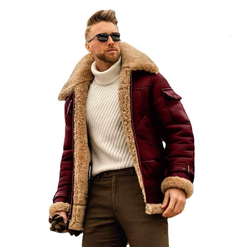 Men's Plus Size Frosted Veet Plain Edition Composite Leather Jacket, Thick Woolen Coat, Fashionable Quality, Classic