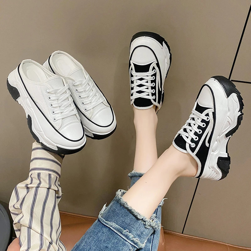 Ladies Slippers Summer Baotou Half Womans Versatile Casual Lace Up Canvas Sports Platform Shoes Outside 241214