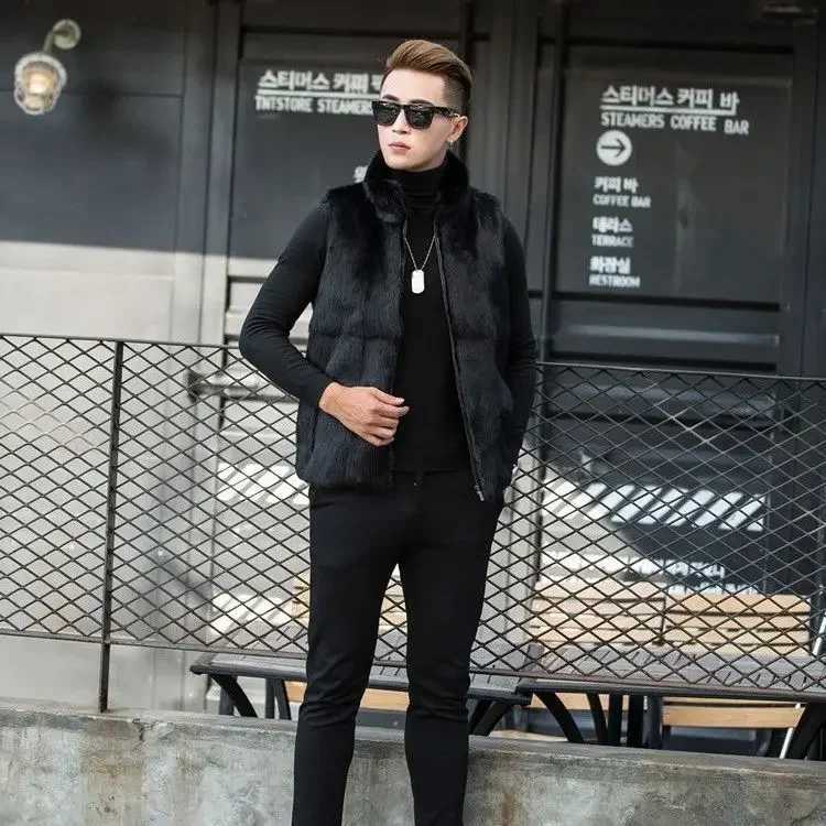 Mens 2024 Autumn Winter New Genuine Rabbit Fur Vest Mens Solid Color Warm Waistcoat Mens Real Fur Stand Collar Vest Jackets V02 W241213