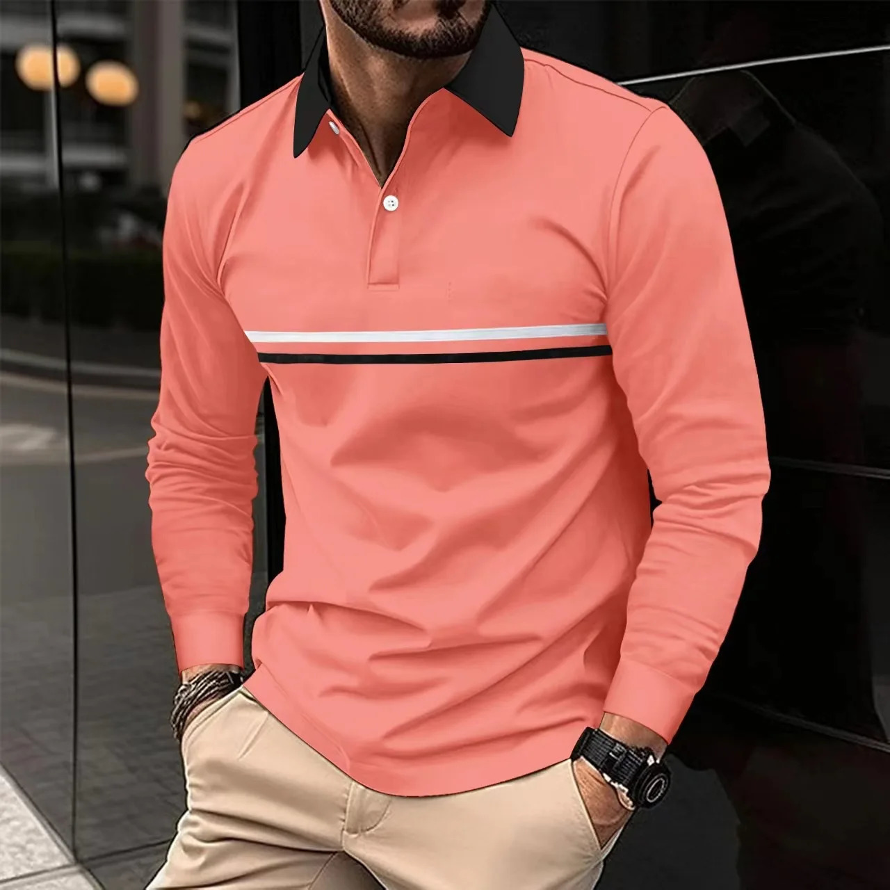 Spring And Autumn Mens Casual Solid Color POLO Shirt Stitching Horizontal Strip Simple n Fashion Slim Classic Style 241213