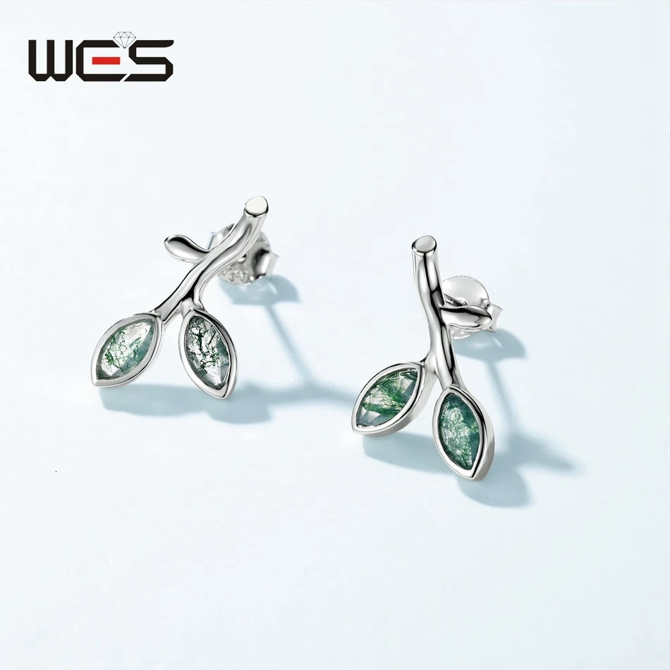 WES 925 Sterling Silver Horse Eye Moss Agate Stud Earrings for Woman Leaf Wedding Gifts Fine Jewelry Rhodium Plated 241214