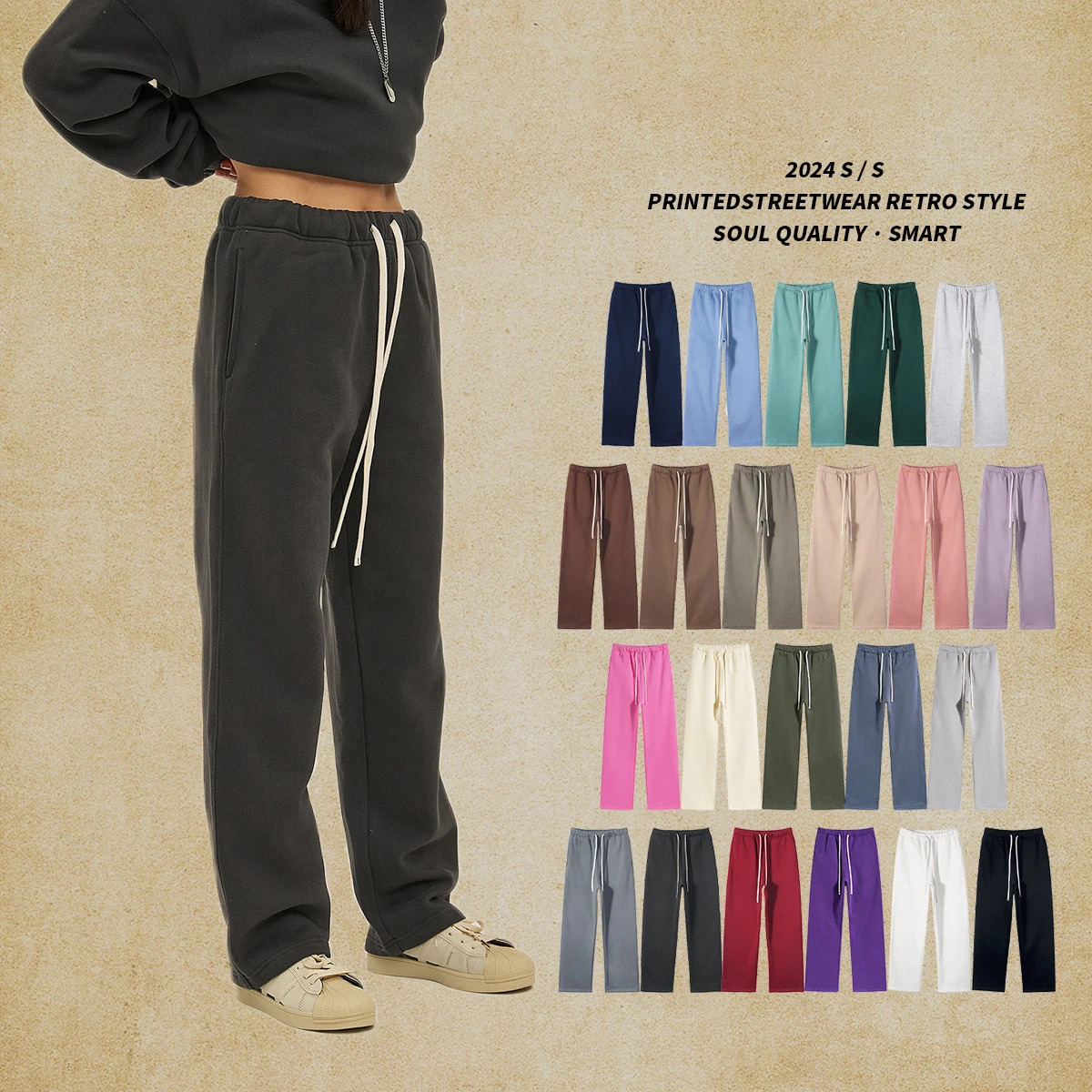 Straight-lined Cashmere solid color sweatpants 241213
