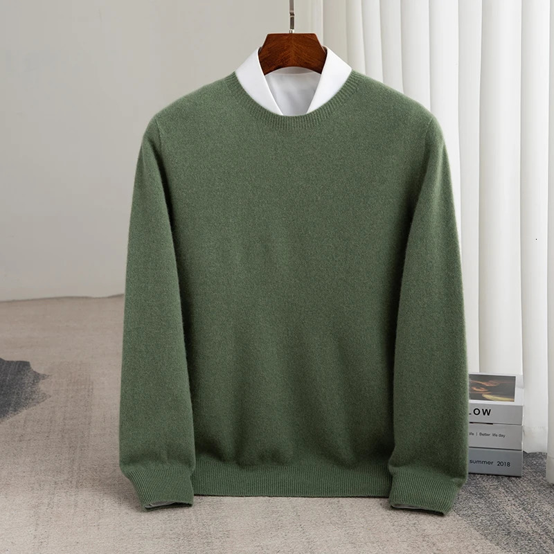 Autumn And Winter 100% Pure Wool Mens Thick Round Neck SlimFit Oneck Pullover LongSleeved Knitted Cashmere Sweater 241213
