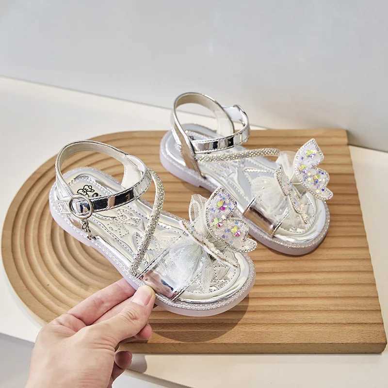 Sandals Children Party Shoes 2024 Summer New Butterfly Sequin Girls Princess Shoes Fashion Crystal Soft Sole Kids Casual Sandals H05226 H241213