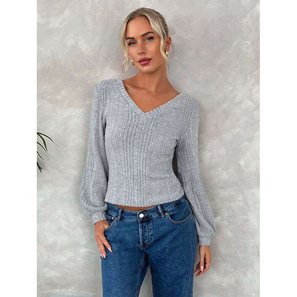 2014 autumn winter new style front rear large V-neck base top, European and American lantern sleeves slim fit T-shirt for women