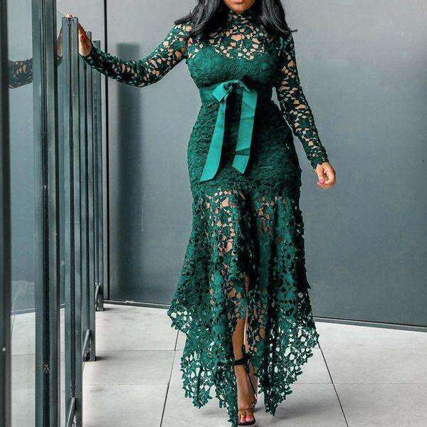 New European And American Women's Trade Hollow Long Sleeved Stand Collar Lace Up 5-Color Irregular Dress
