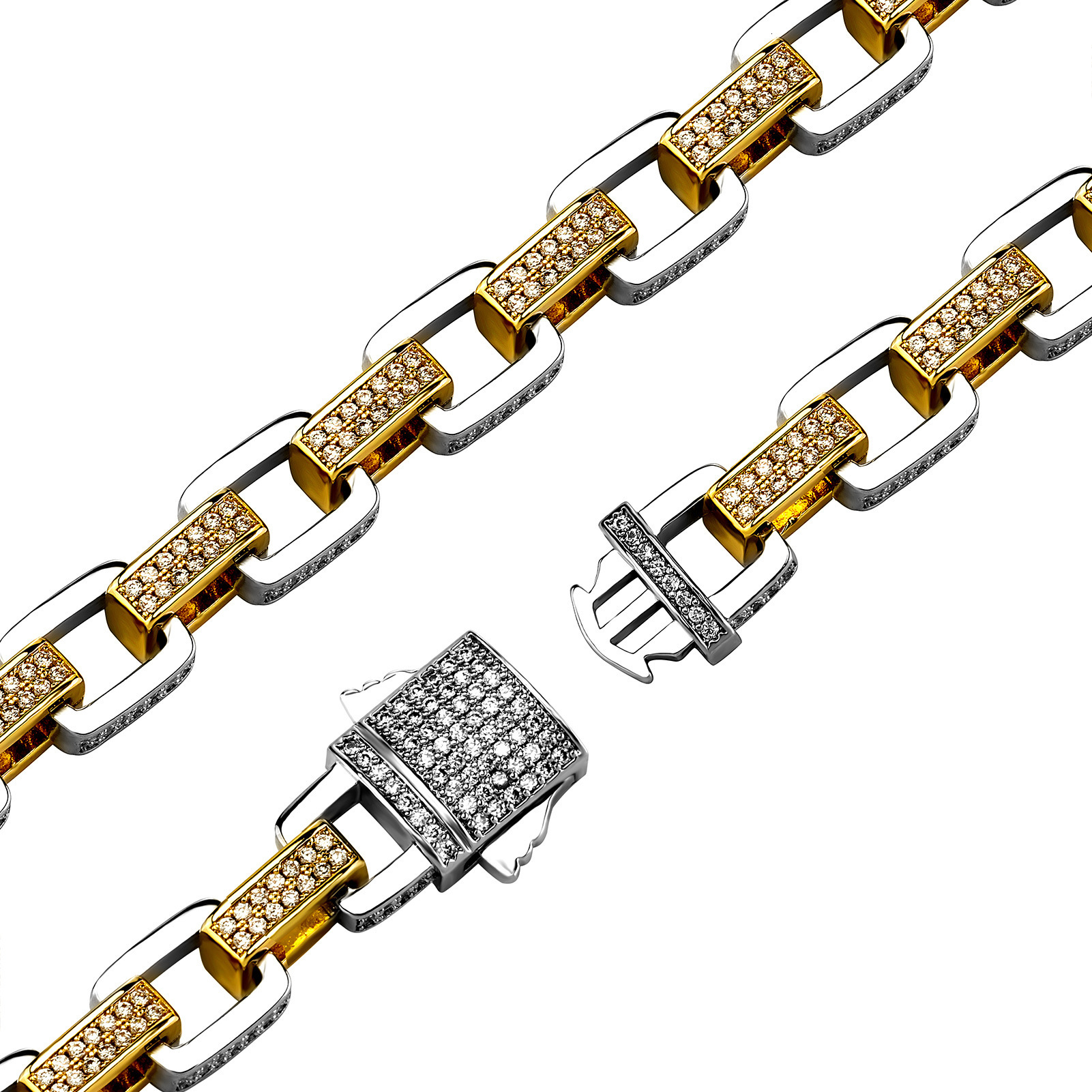 Hip Hop New Geometric Square Link Chain Mens Bracelet Bling Cubic Zircon Spring Buckle Bangle Bracelets 14k Gold Miami Rapper Bijoux Pulsera Hombre Wo